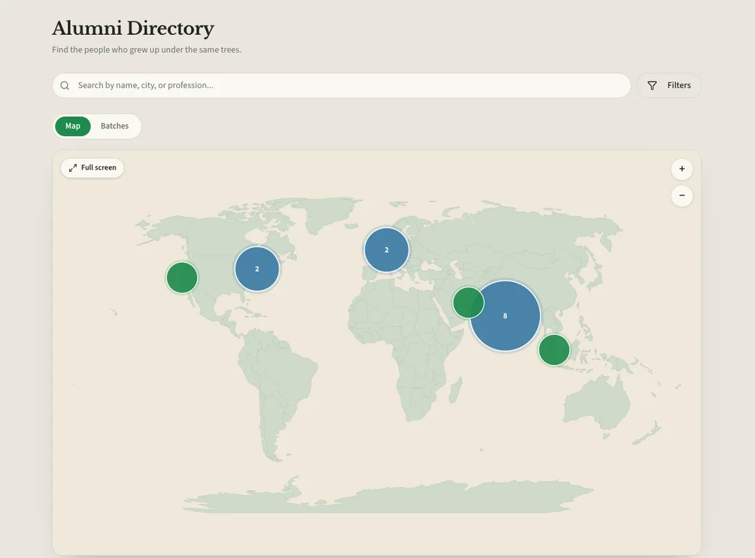 The alumni directory, with a world map of where members live.