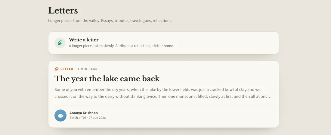 The Letters page, with a long-form piece about the valley.